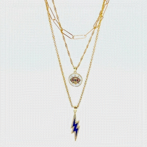 THREE Layers Of Gold Necklace With Evil Eye And Lightening Charm.